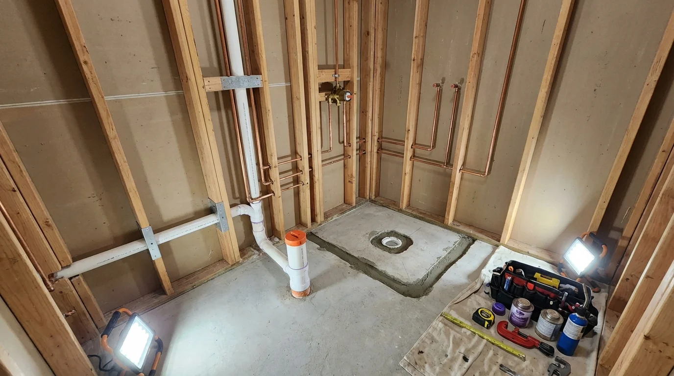 Bathroom rough-in plumbing during remodel by Johns Plumbing LLC in North Granby