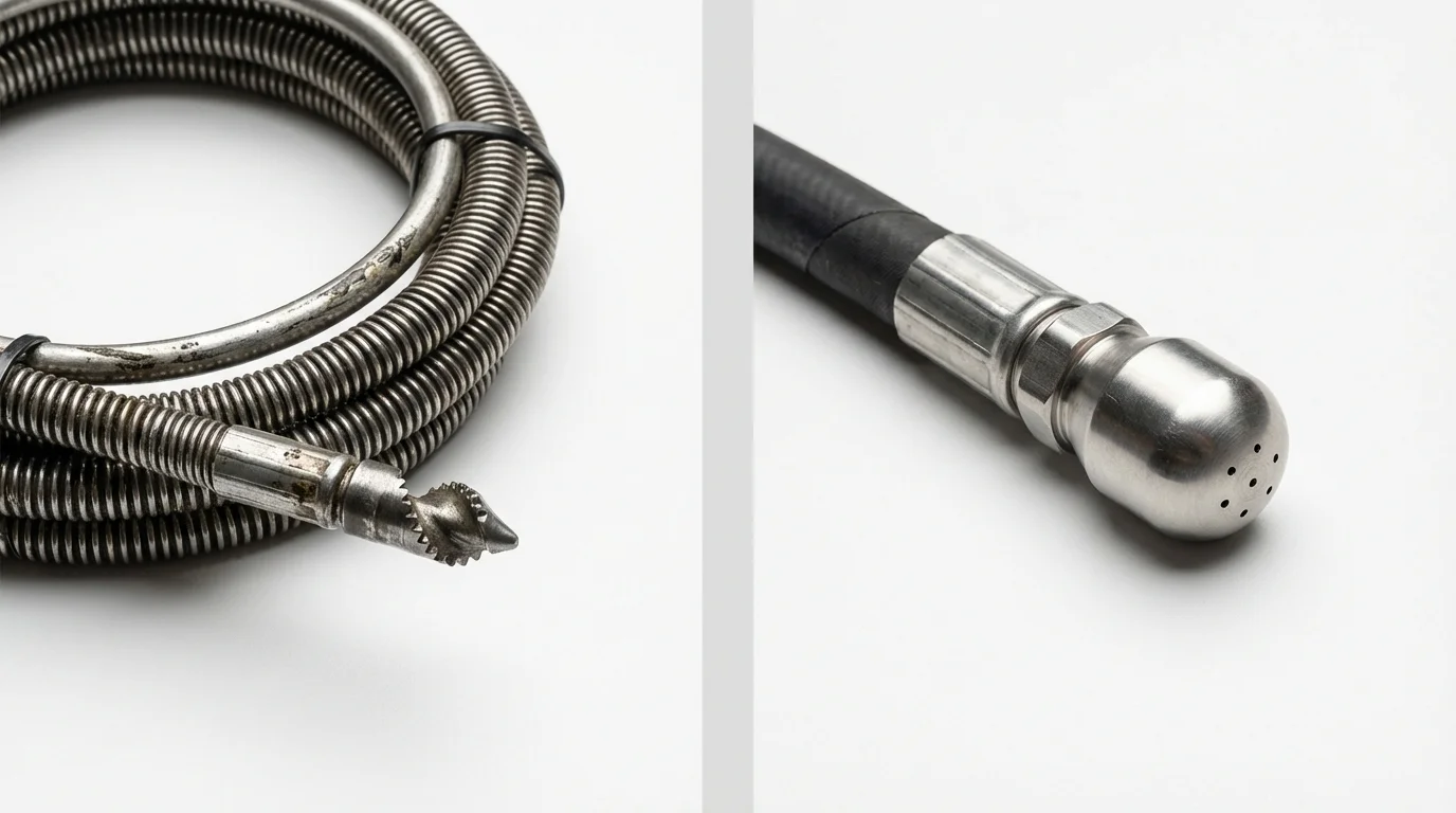 Drain snake cable and hydro jetting nozzle used for drain cleaning in North Granby, CT