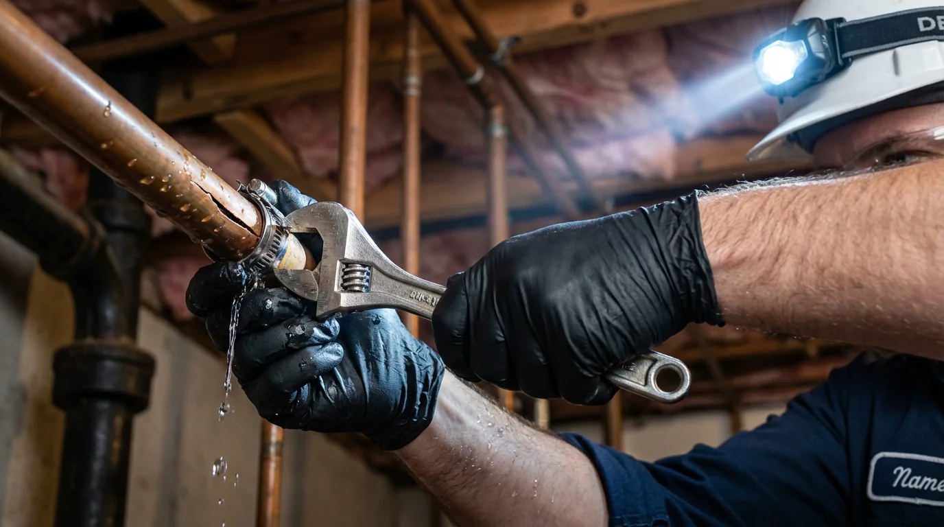 Emergency pipe clamp repair being performed by a Johns Plumbing LLC plumber in North Granby