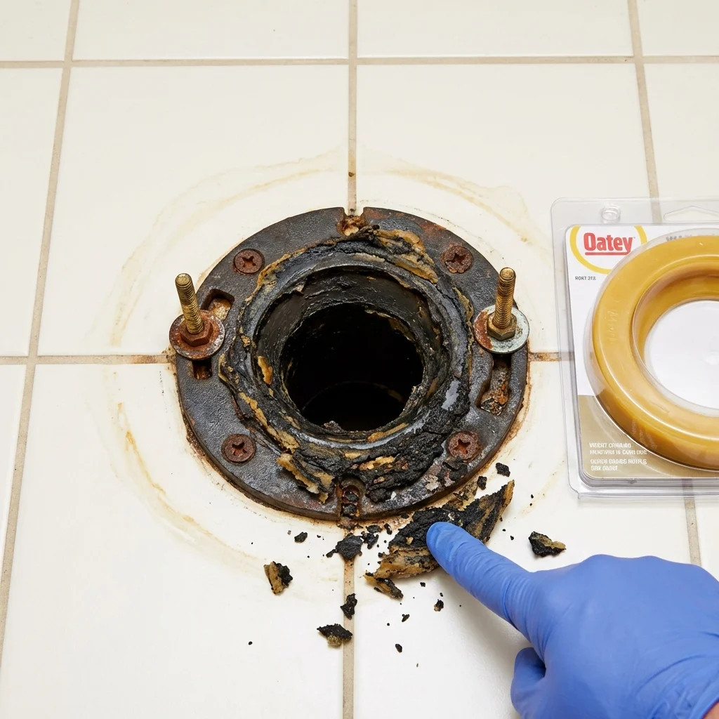 Failed wax ring showing water seepage at the base of a toilet in a North Granby, CT home