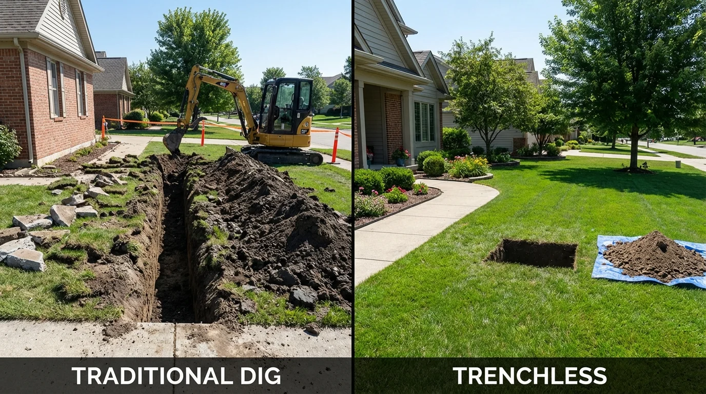 Trenchless sewer repair with minimal yard damage versus traditional excavation in North Granby, CT
