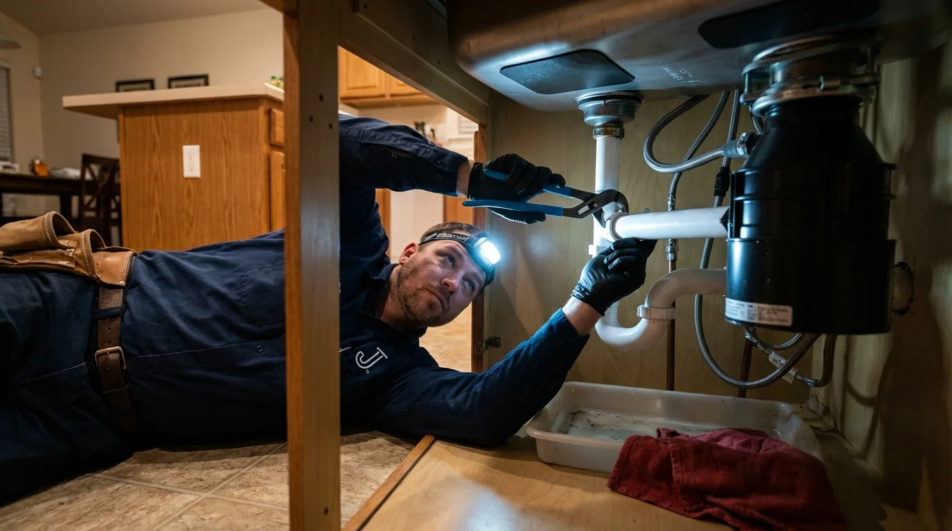 P-trap and supply line connections under a kitchen sink showing a common leak point in North Granby, CT